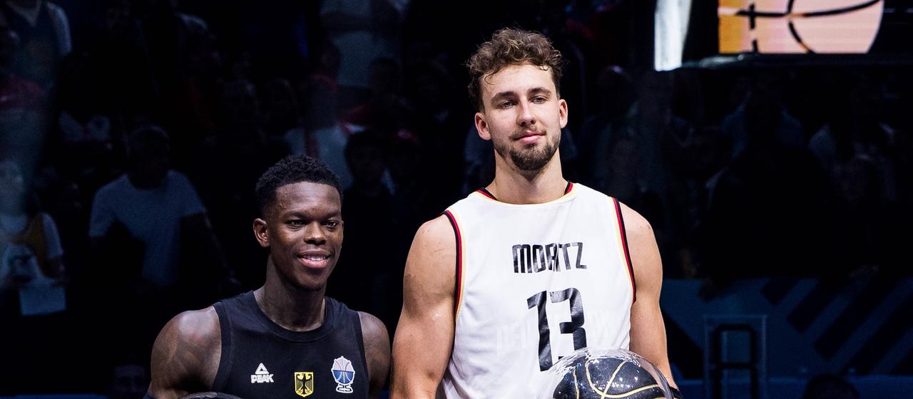 Germany's Dennis Schröder and Franz Wagner at the award ceremony for the best 5 of the European Championships