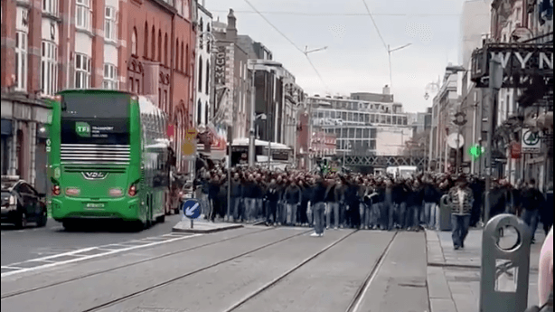 Screenshot of a video of the fan march by Schalke fans in Ireland. Screenshot of a video of the fan march by Schalke fans in Ireland.