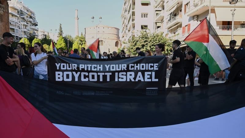 Pro-Palestinian protesters gathered in the port city of Thessaloniki ahead of the Europa League match between PAOK and Israeli team Maccabi Tel Aviv.
