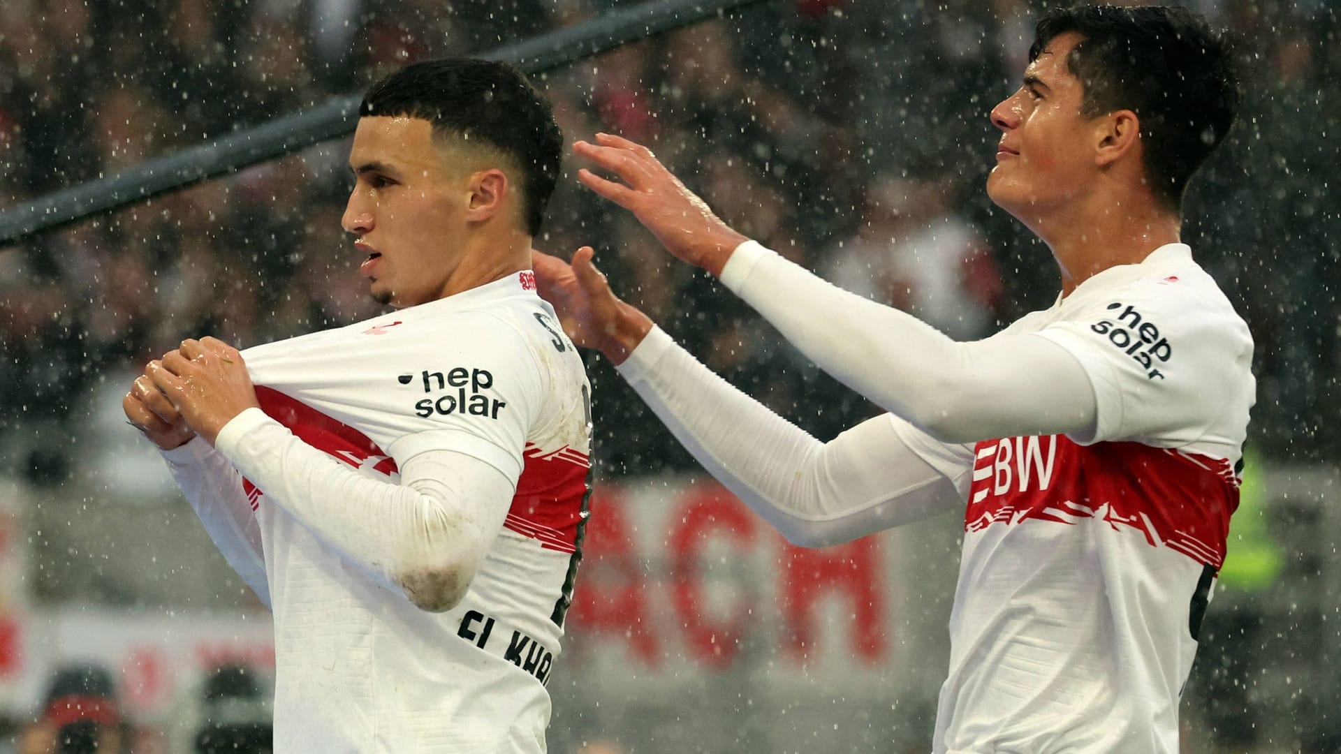Bilal El Khannouss (left) celebrates his goal: The creative player was only switched to Stuttgart shortly before the transfer window ended.