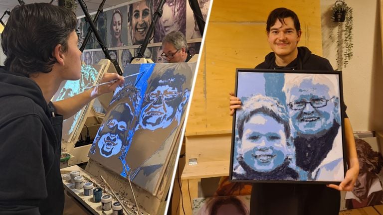 Sep while painting his portrait and the end result (photo: Megan Hanegraaf/ Vullow).