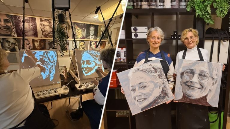 Trudy and Carola during painting and the end result of their self-portraits (photo: Megan Hanegraaf/ Vullow).