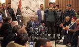 Libyan interim Prime Minister Fathi Bashagha (center) at Tripoli airport, February 10. Parliament appointed the second prime minister on Thursday.