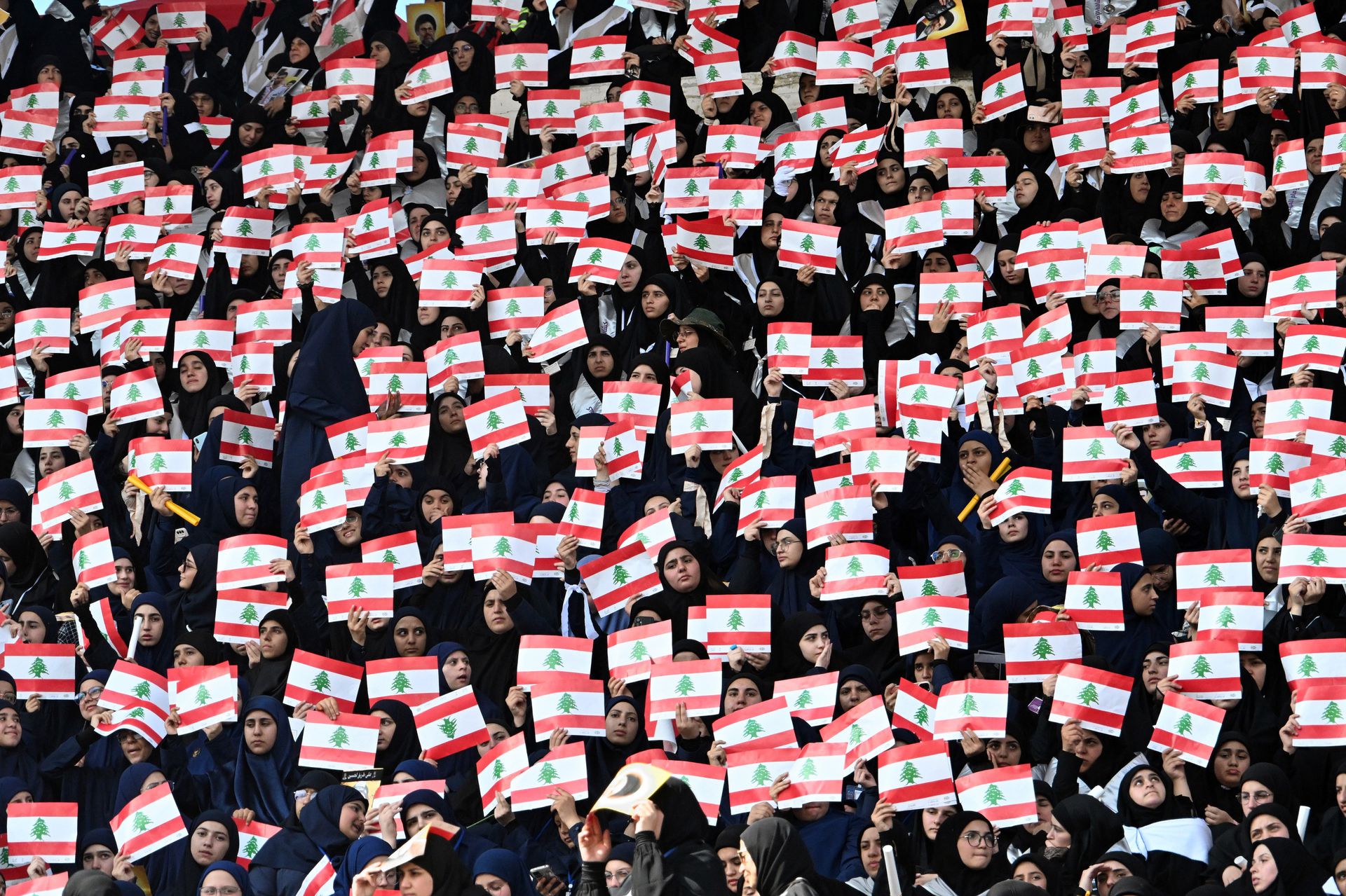 Hezbollah supporters on October 12 during a commemoration of their leader Hassan Nasrallah, who was killed in an Israeli airstrike a year earlier.