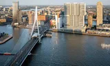 Skyline of Rotterdam with right of center: De Rotterdam.