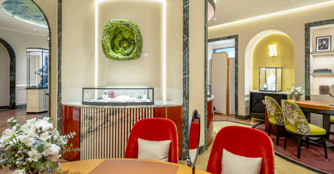 The interior of the boutique with textile artwork by Huihui.