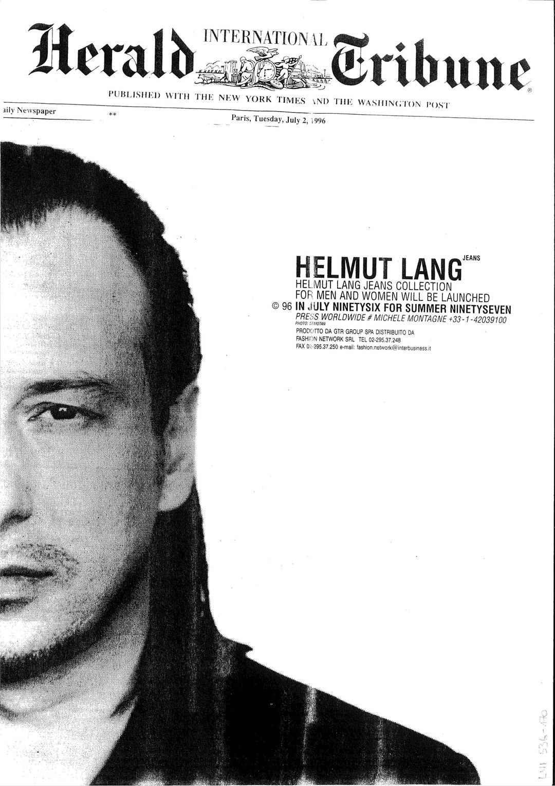 HELMUT LANG Helmut Lang, black and white copy of a cover advertisement for the International Herald Tribune newspaper, announcing the launch of the Helmut Lang Jeans product line in July 1996, photography by Elfie Semotan. HELMUT LANG Helmut Lang, black and white copy of a cover advertisement for the International Herald Tribune newspaper, announcing the launch of the Helmut Lang Jeans product line in July 1996, photography by Elfie Semotan.