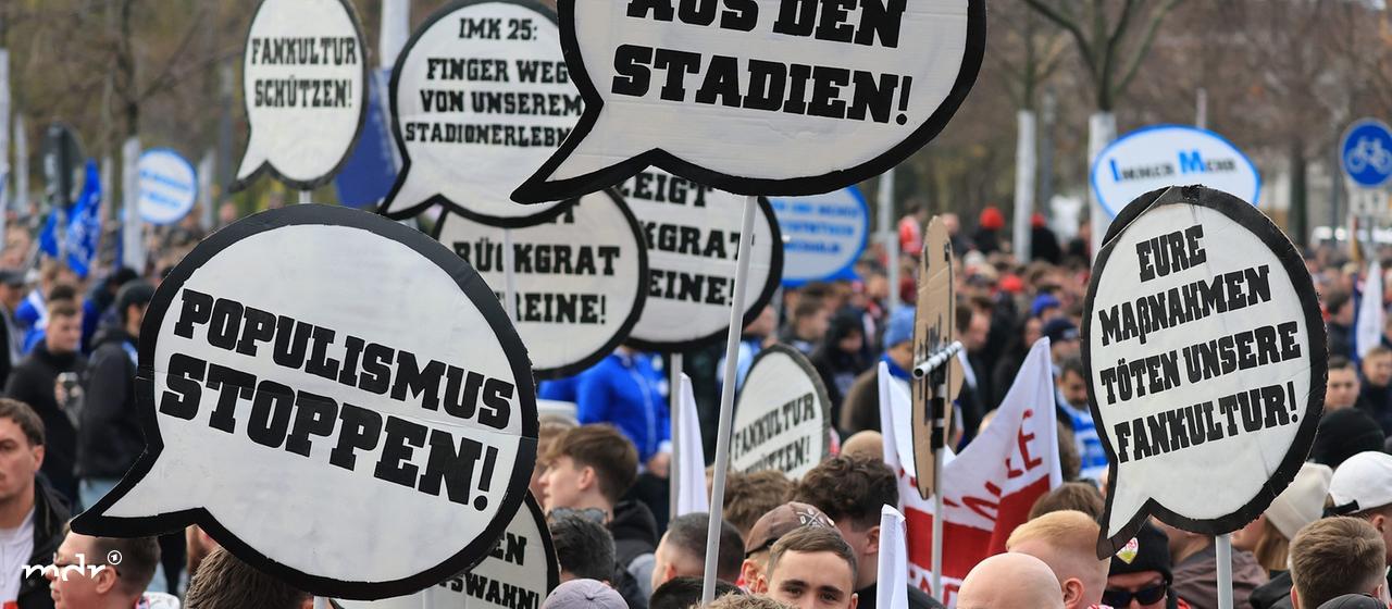 Football fans from all over Germany are protesting together in downtown Leipzig against stricter security measures at football games.