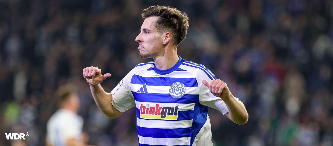 Connor Noß from MSV Duisburg celebrates his goal in the game against Mannheim.
