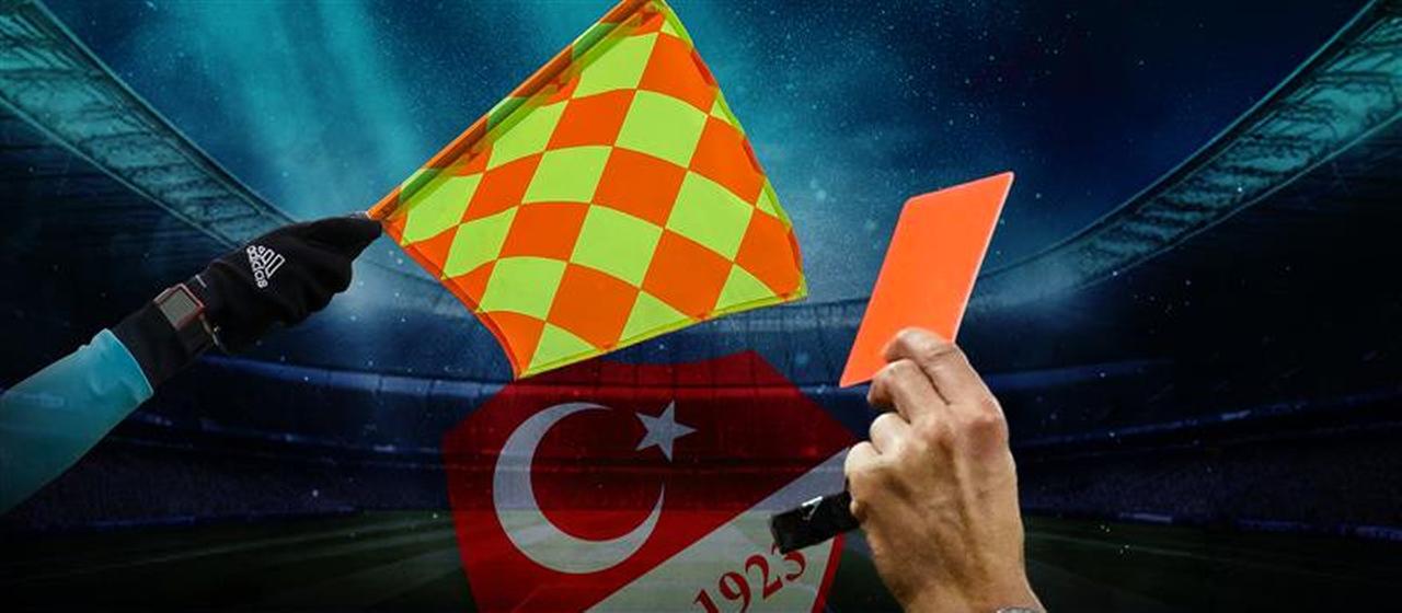 The coat of arms of the Turkish Football Association with a flag and red card
