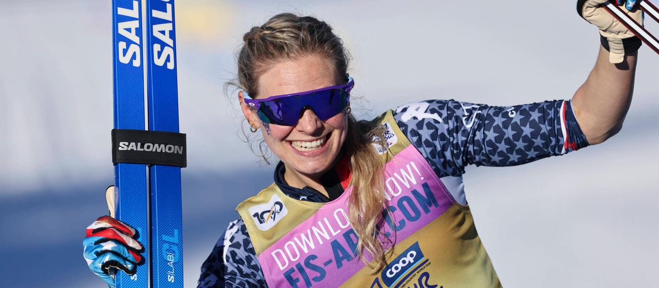 Jessie Diggins celebrates at the finish