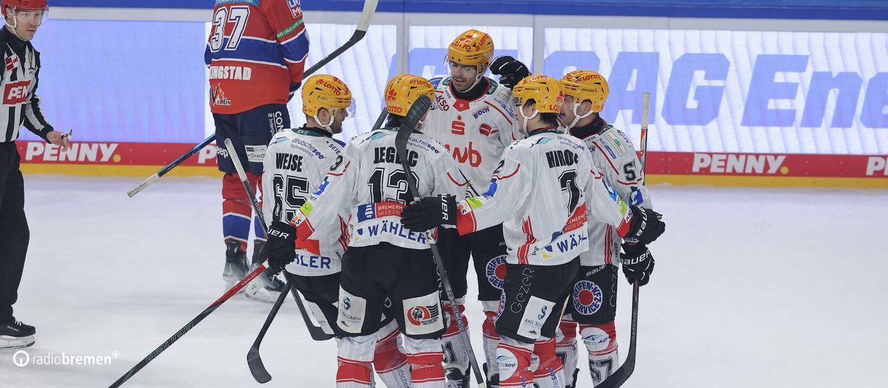 Fischtown Pinguins players celebrate a goal in Berlin.