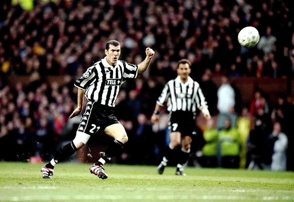 7 Apr 1999: Zinedine Zidane of Juventus in action against Manchester United in the UEFA Champions League semi-final first leg match at Old Trafford in Manchester, England. The game ended 1-1.  Mandatory Credit: Shaun Botterill /Allsport