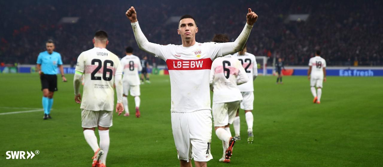 Bilal El Khannouss from VfB Stuttgart celebrates his goal against Feyenoord Rotterdam