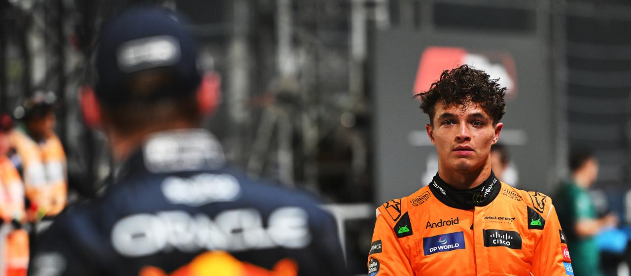 McLaren's Lando Norris and Max Verstappen from the Red Bull team look into each other's eyes
