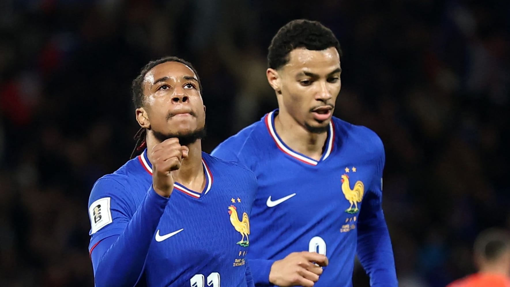 Michael Olise (left) celebrates: The Bayern star contributed a goal to the French victory. Michael Olise (left) celebrates: The Bayern star contributed a goal to the French victory.