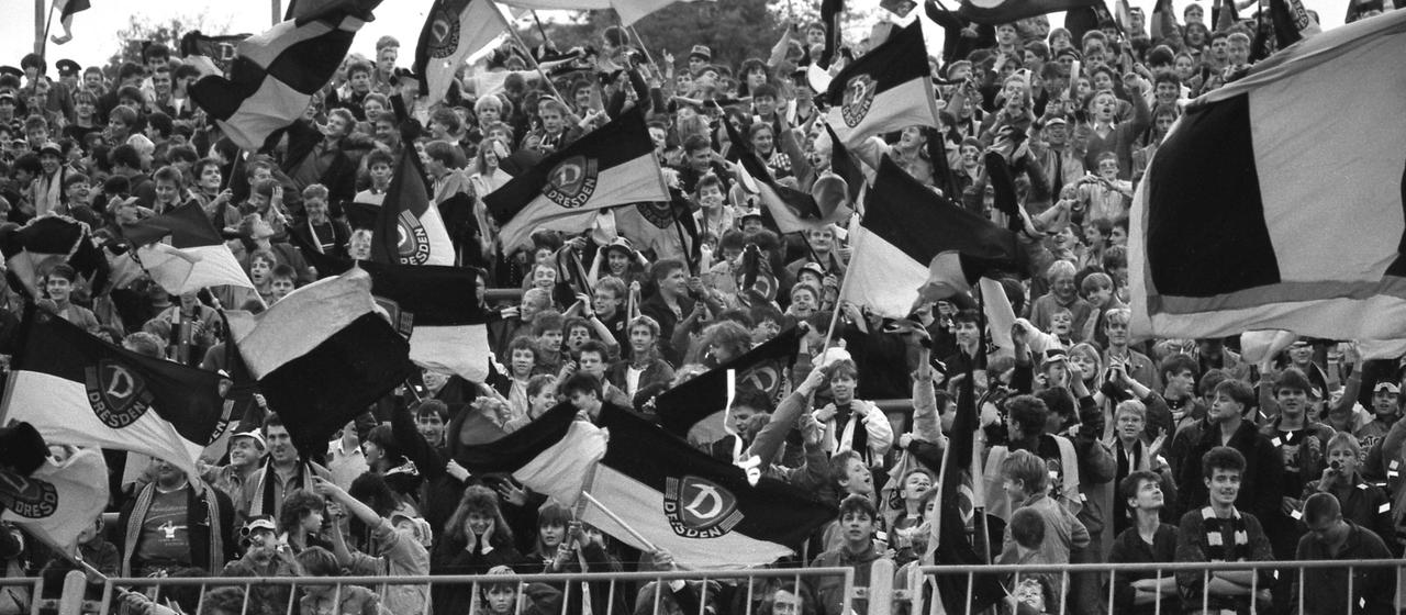 Dynamo Dresden fans wave their flags in celebration