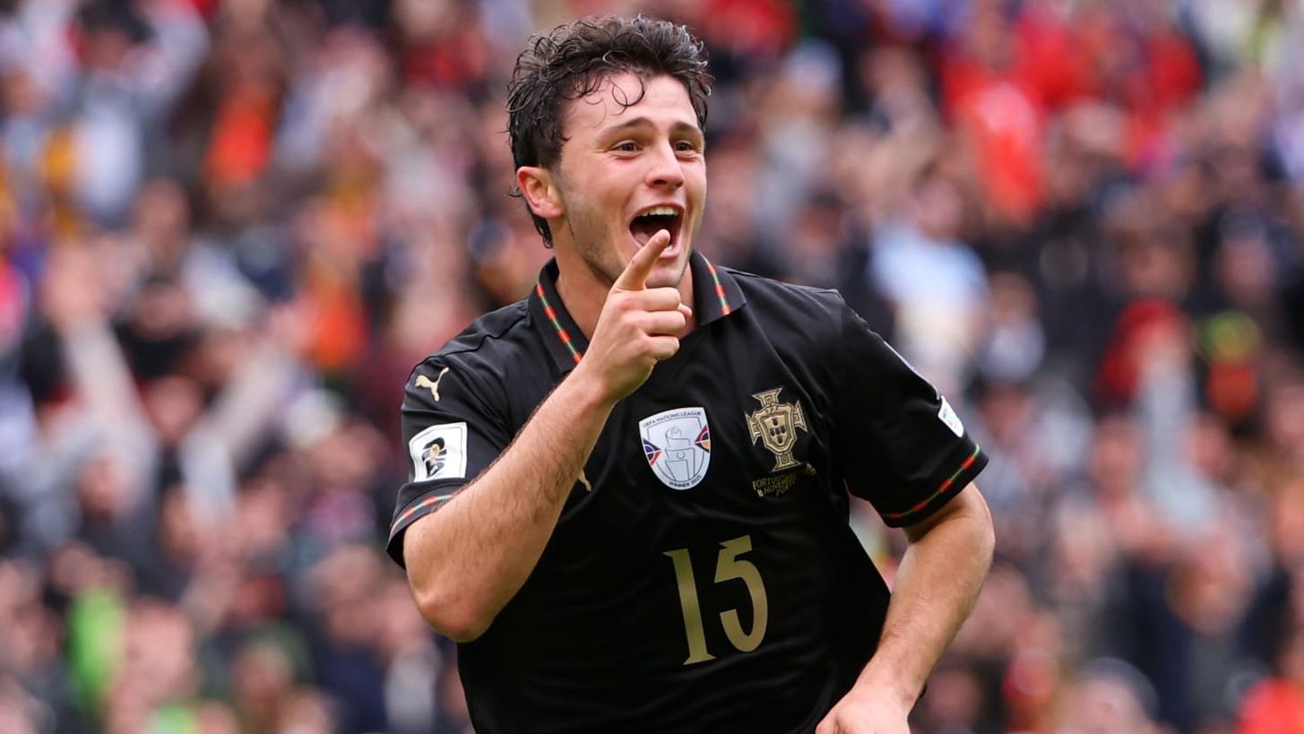 Scored twice: João Neves celebrates in the game against Armenia.