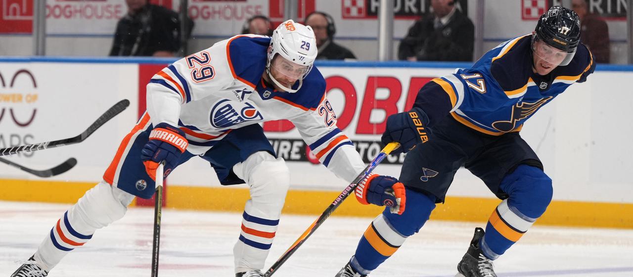 Leon Draisaitl (l., Edmonton Oilers) versus Cam Fowler (St. Louis Blues)