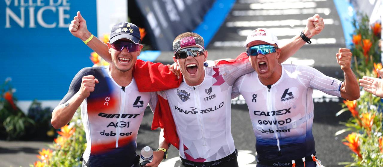 Triathletes Stornes, Iden and Blummenfelt after the Ironman 2025 in Nice