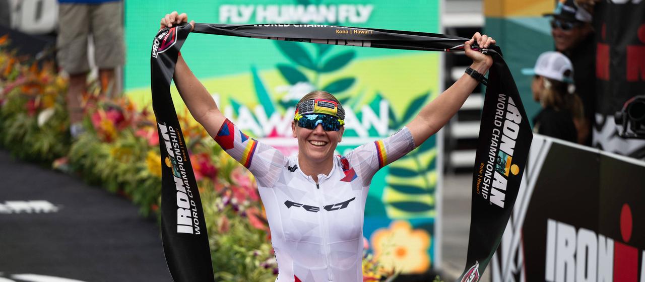 Solveig Lovseth celebrates winning the Ironman World Championship in Hawaii