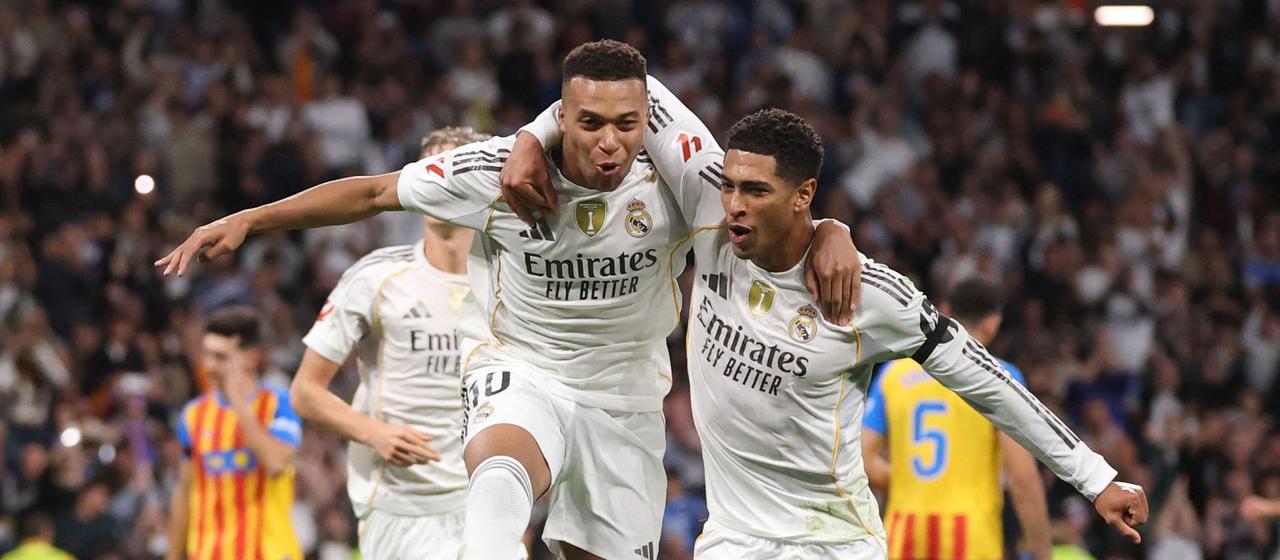Real Madrid's Kylian Mbappe and Jude Bellingham celebrate the goal