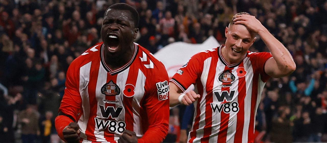 Professional footballer Brian Brobbey from AFC Sunderland celebrates his goal against Arsenal FC