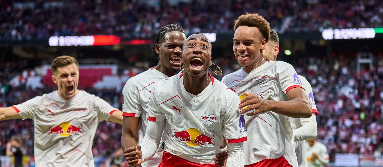 Leipzig's Yan Diomande celebrates his goal