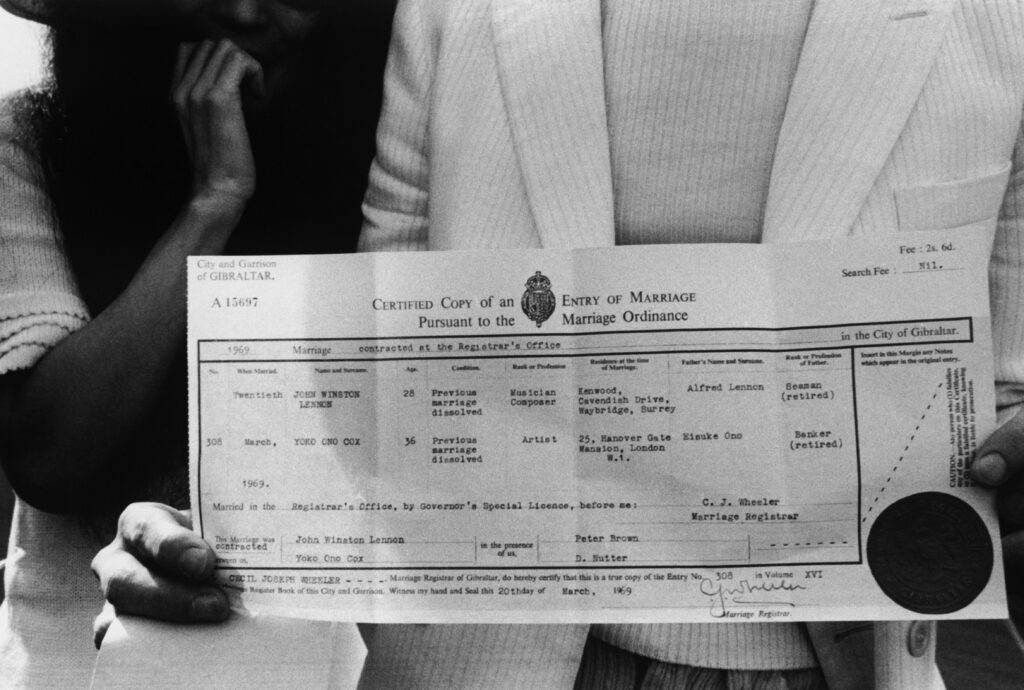 Proof of John Lennon and Yoko Ono's marriage