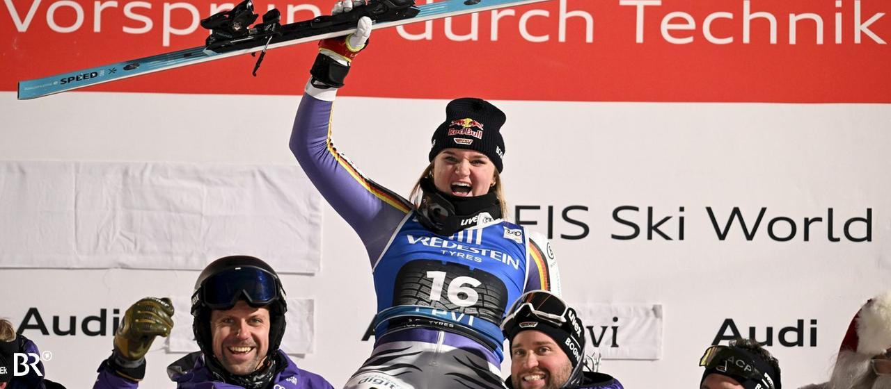 Emma Aicher celebrates her podium finish in Levi