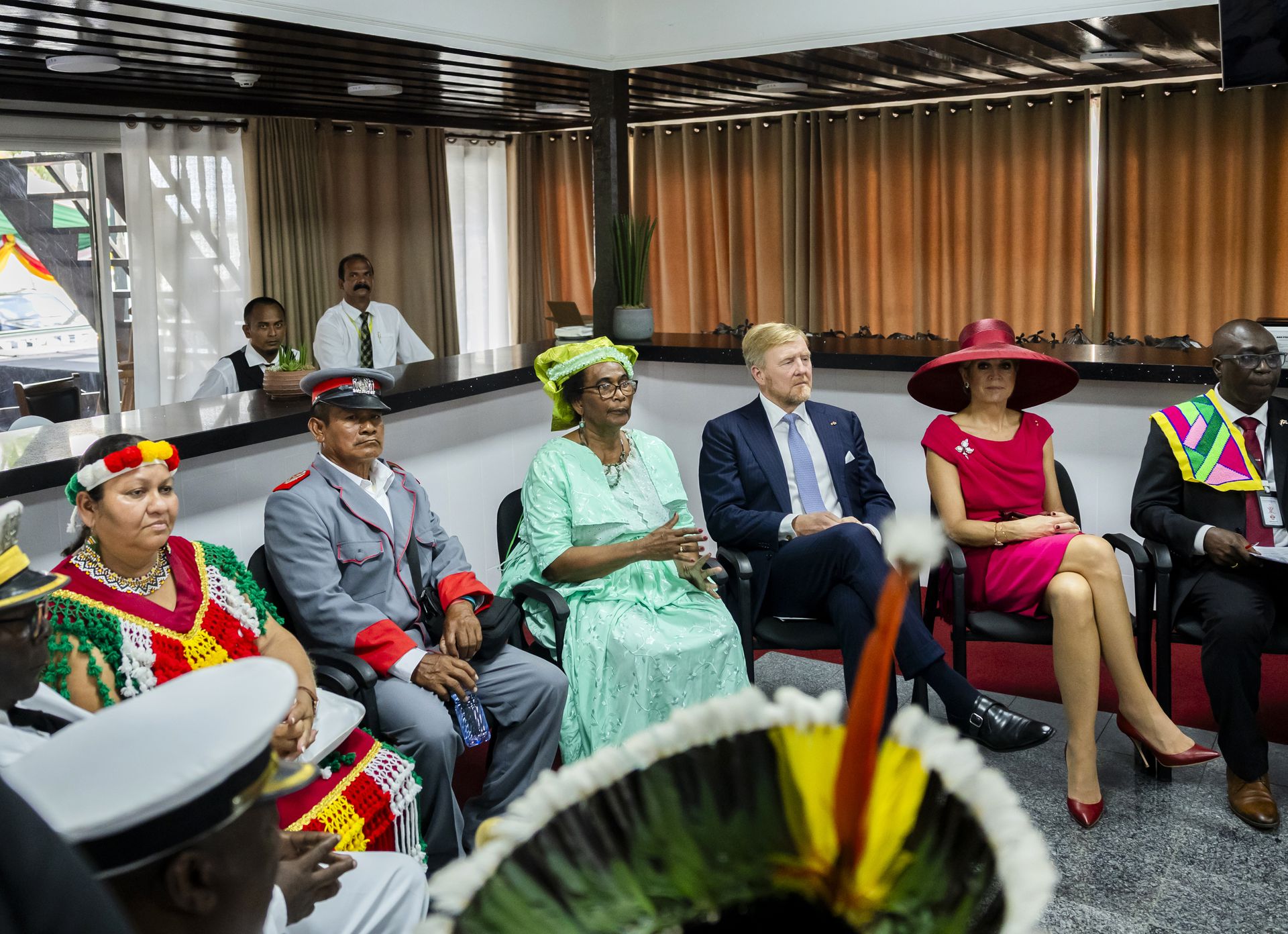 King Willem-Alexander and Queen Máxima during a group discussion with representatives of descendants of enslaved people and indigenous communities in Suriname.