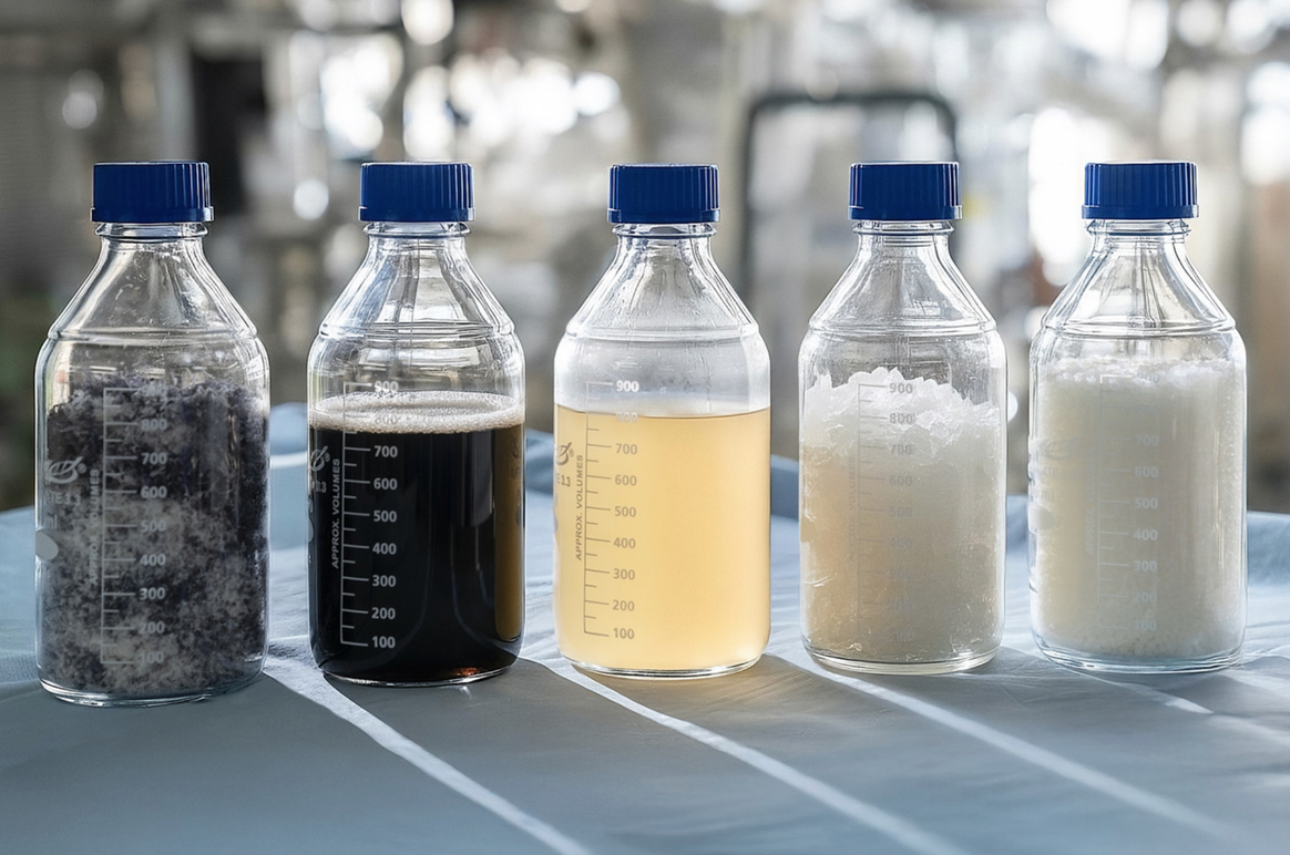 The process: Shredded textile waste (1st bottle) is depolymerized (2nd bottle), purified (3rd bottle) and the resulting caprolactam (4th bottle) is re-polymerized into loopamid (5th bottle).