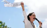 María Corina Machado addresses her compatriots during a demonstration in August 2024. Photo Ariana Cubillos/AP 