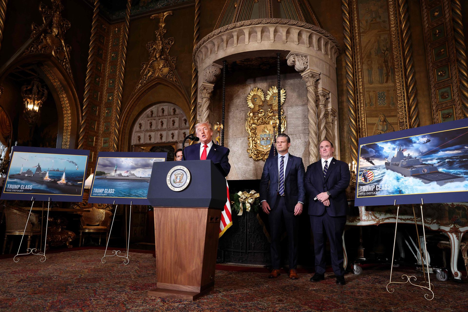 President Donald Trump and his Secretaries of State and Defense, Marco Rubio and Pete Hegseth, presented their plans for the 'Golden Fleet' on Monday at Mar-a-Lago.