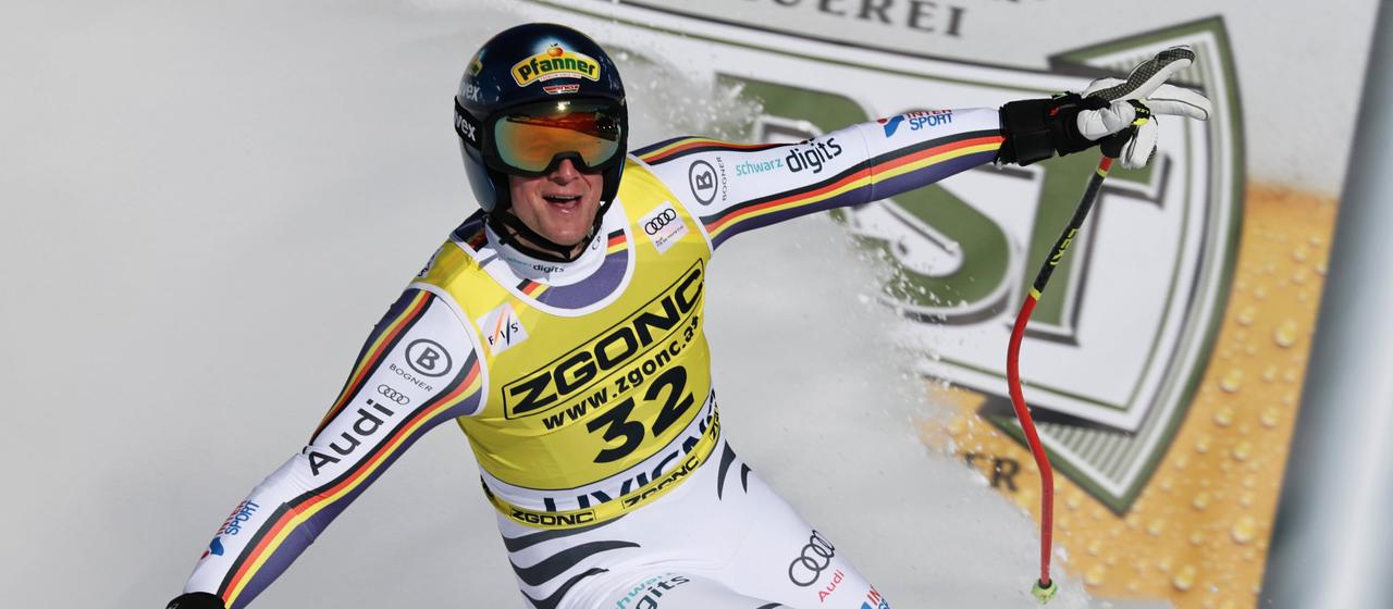 Simon Jocher celebrates at the Super G in Livigno