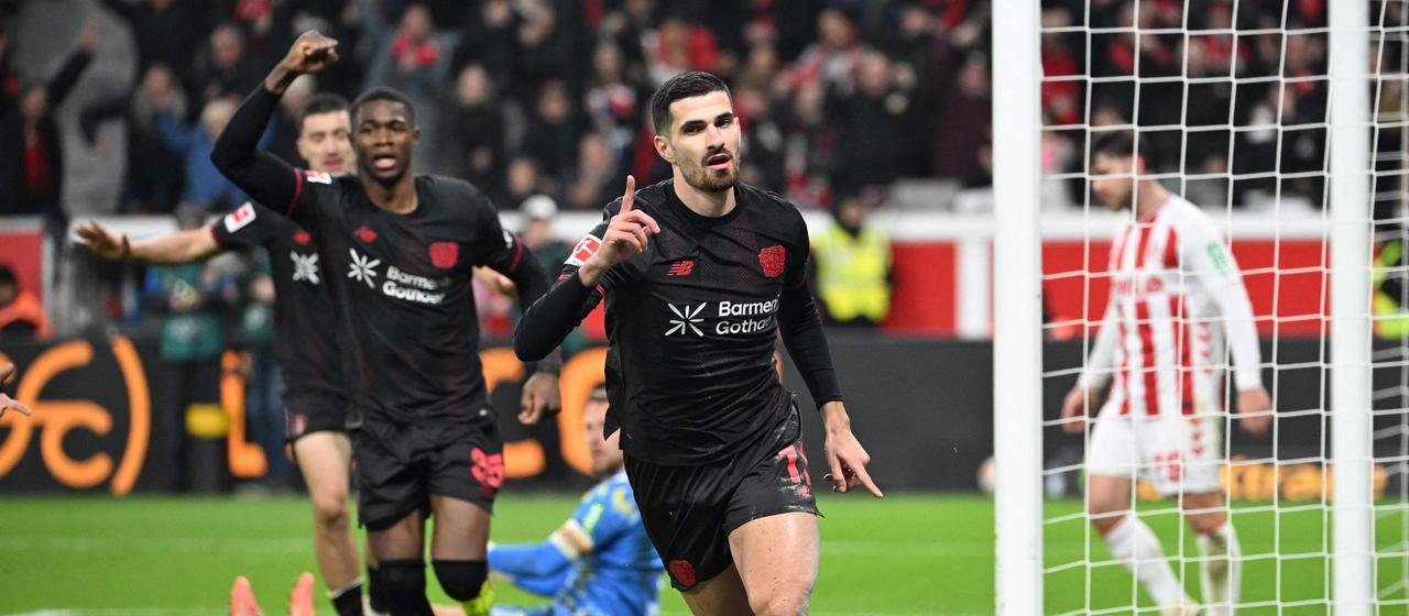 Martin Terrier celebrates his goal to give Leverkusen the lead