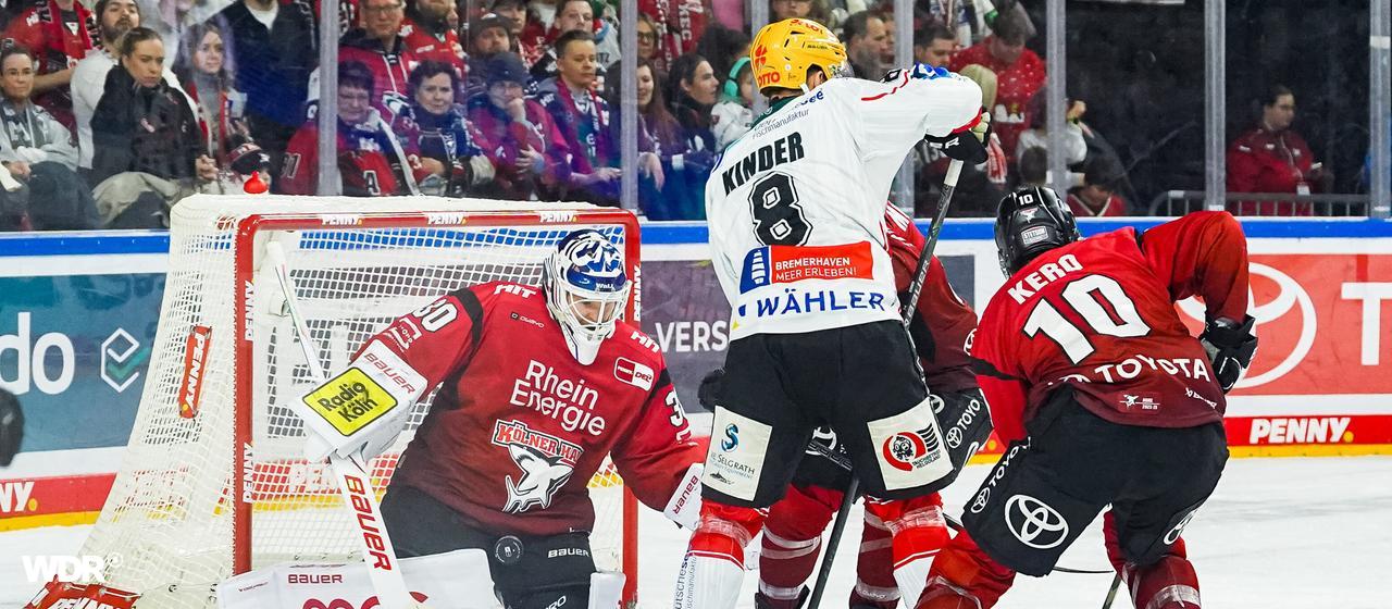 There was a lot of activity in front of Cologne keeper Janne Juvonen's goal in the DEL game against Bremerhaven.