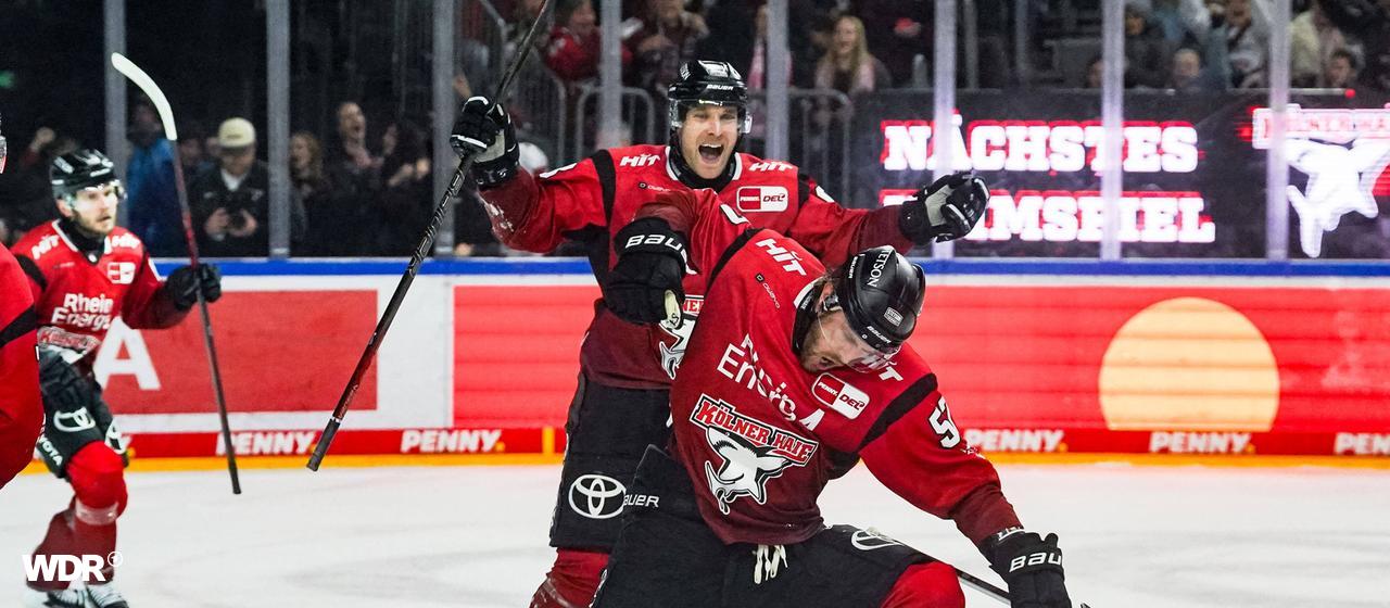 Cologne's Brady Austin celebrates his goal to make it 3-0 against Grizzlys Wolfsburg