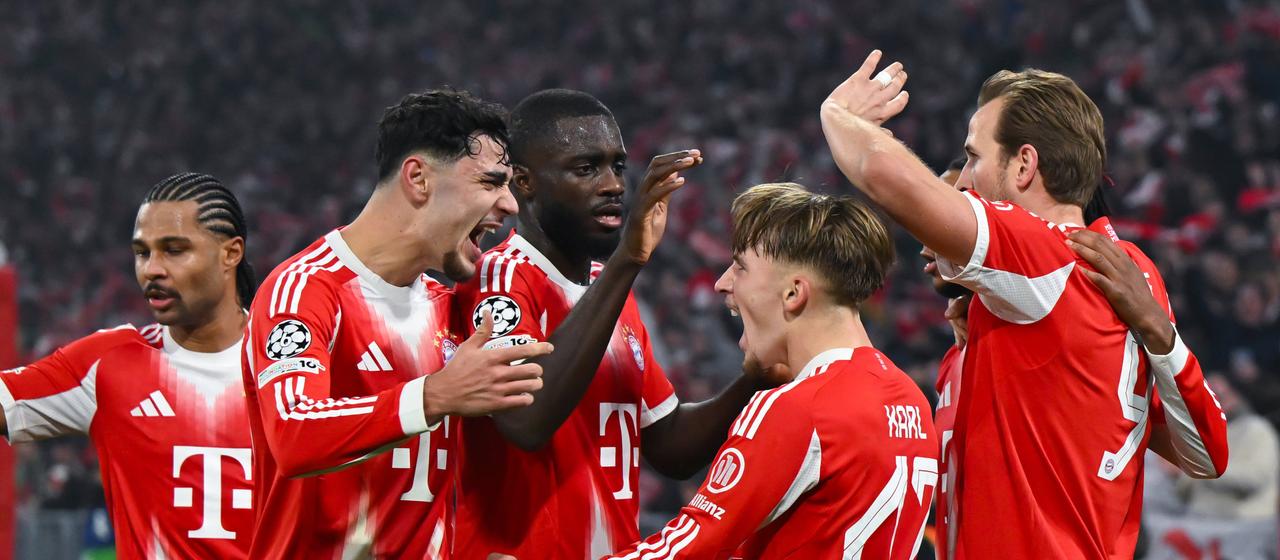Bayern's Lennart Karl celebrates his goal with his teammates