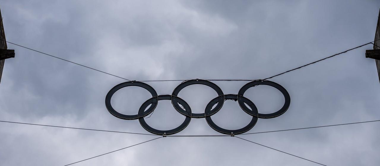   The Olympic rings at the Olympic Stadium