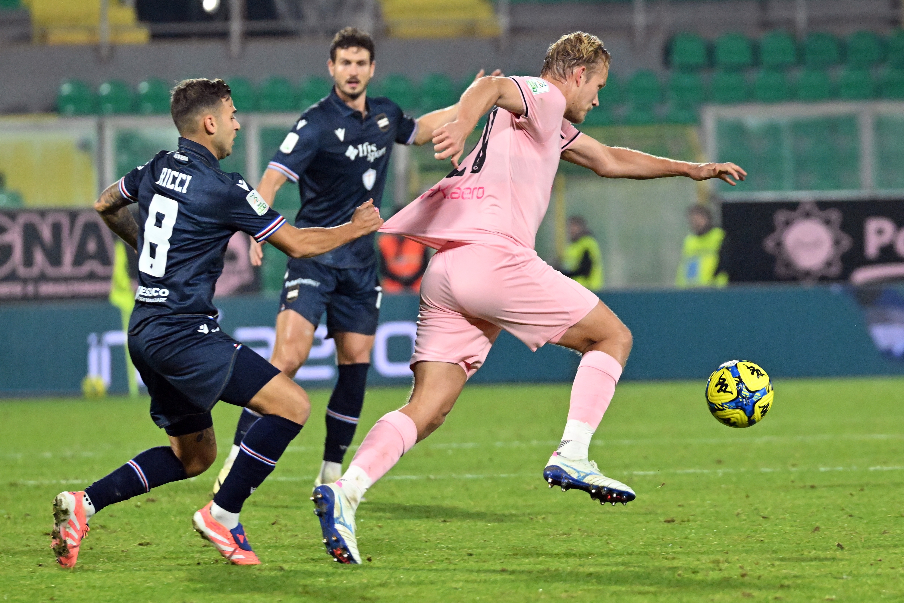 JOEL POHJANPALO of Palermo against Matteo Ricci of Sampdoria during the Serie B match between Palermo and Sampdoria at Renzo Barbera stadium in Palermo, Italy - Friday, December 12, 2025. Sport - Football. (Photo by Giovanni Isolino/Lapresse)