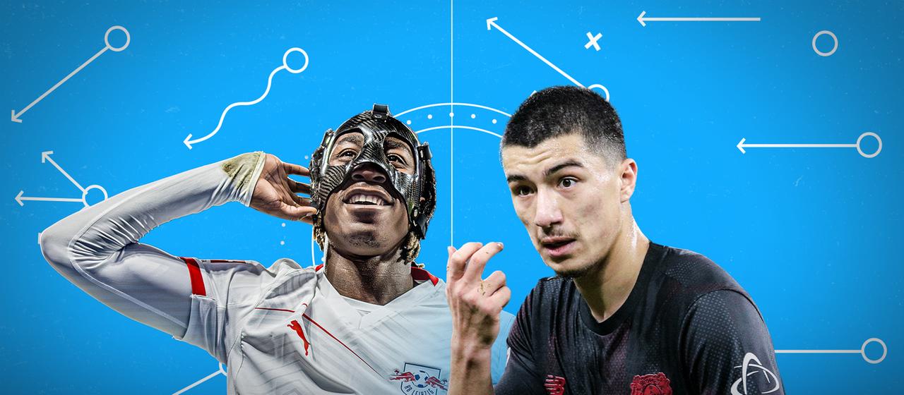 RB Leipzig's Yan Diomande (l.) and Bayer Leverkusen's Ibrahim Maza 