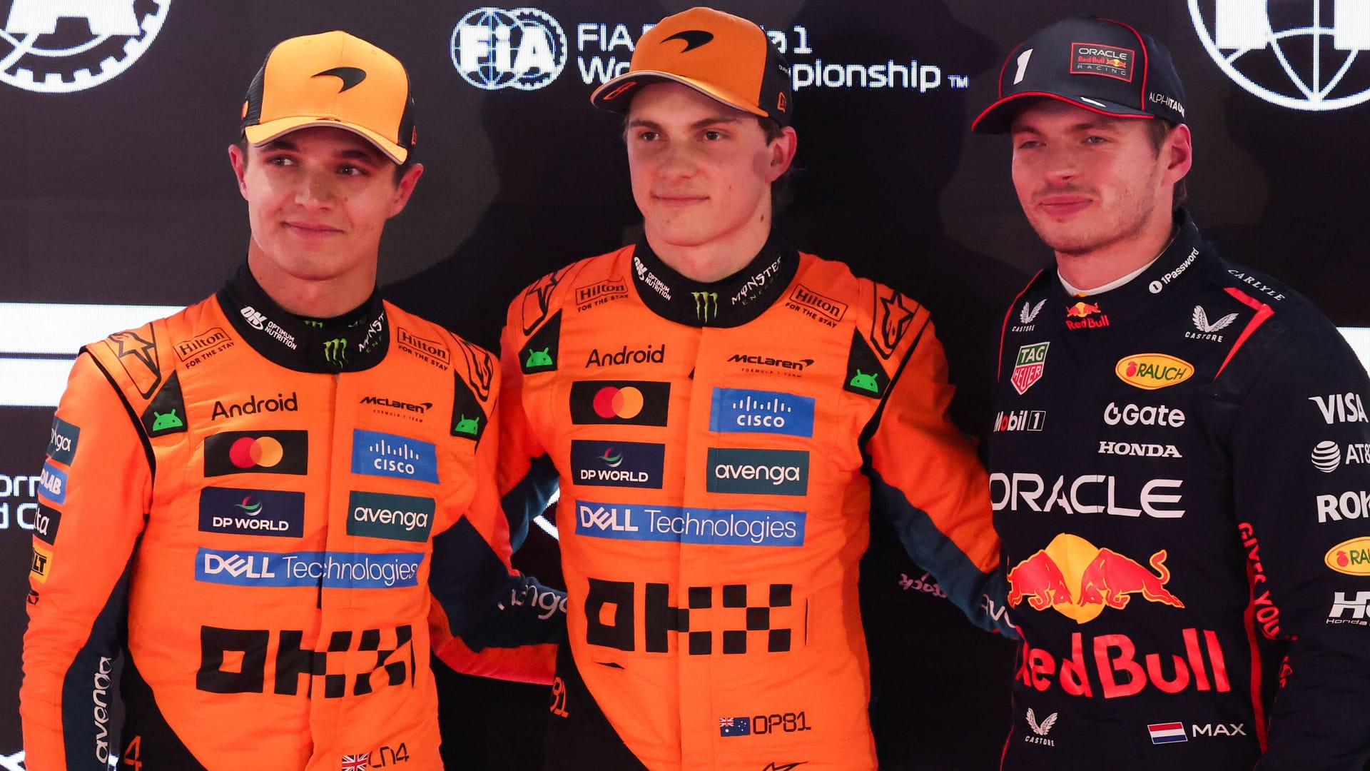 Trio: Lando Norris, Oscar Piastri and Max Verstappen (from left) all three still have a chance of winning the world championship title.
