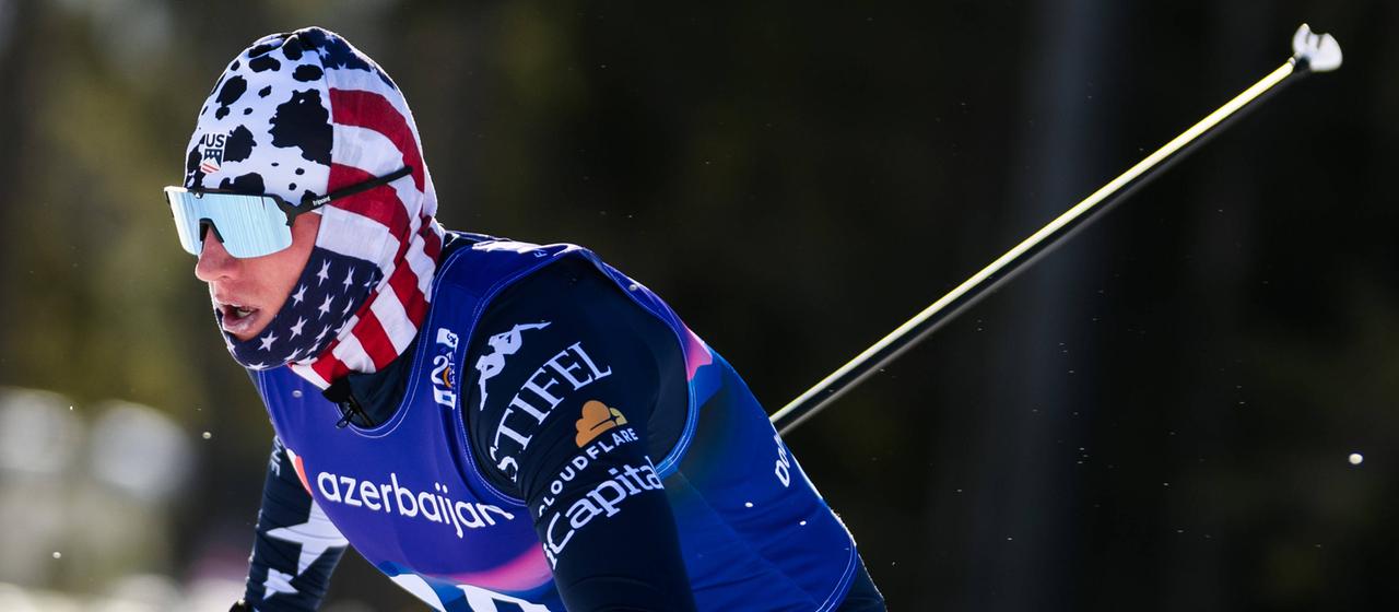 Gus Schumacher from the USA in the mass start in Toblach