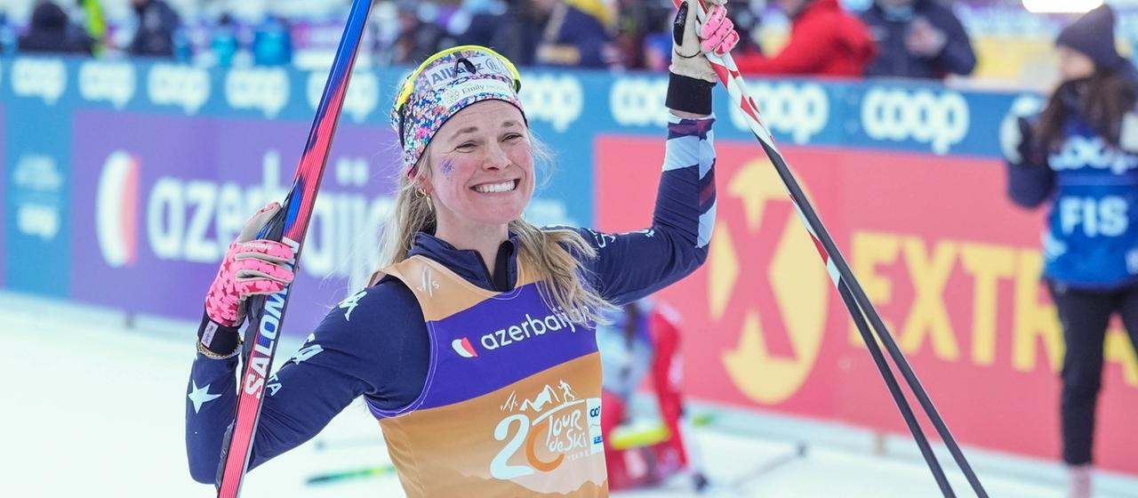 Jessica Diggens celebrates after her run at the finish
