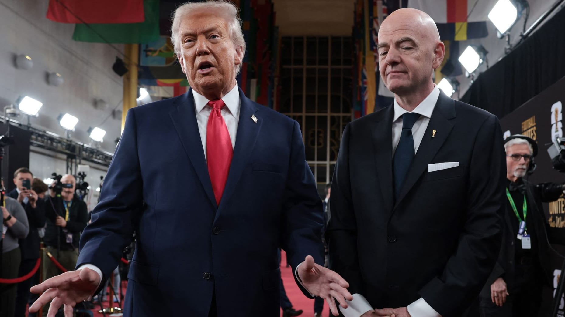 US President Donald Trump (left) with FIFA boss Gianni Infantino on the red carpet before the group draw: The 2026 World Cup will take place during the populist's term in office.