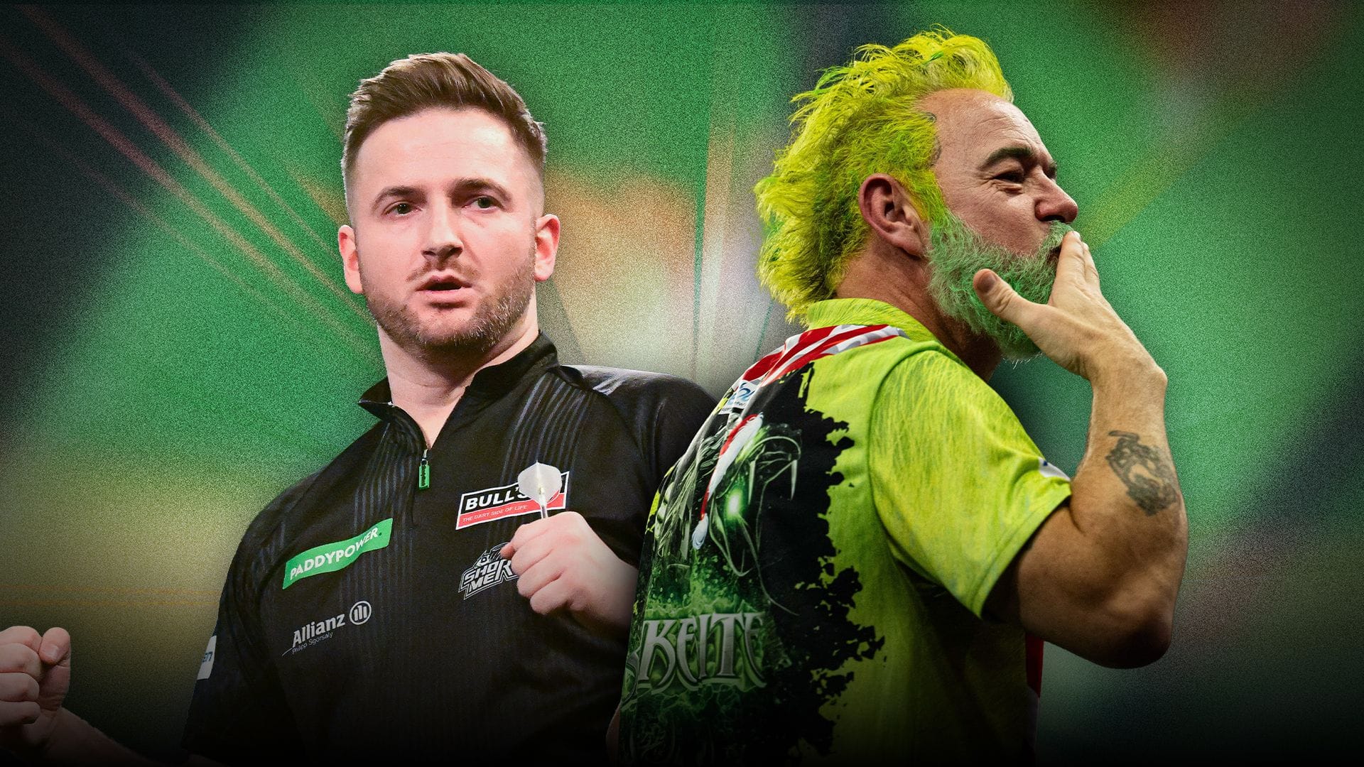 Arno Merk (l.) in a duel with Peter Wright: Can the German debutant prevail? Arno Merk (l.) in a duel with Peter Wright: Can the German debutant prevail?