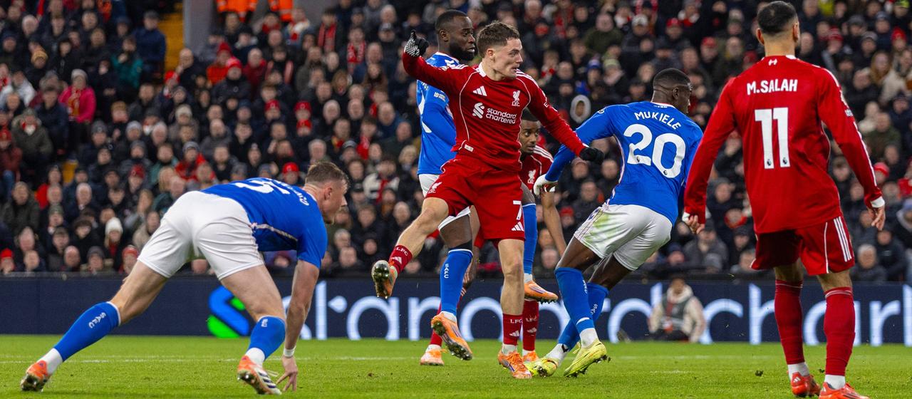 Florian Wirtz (number 7) scores his first Premiere League goal for Liverpool FC