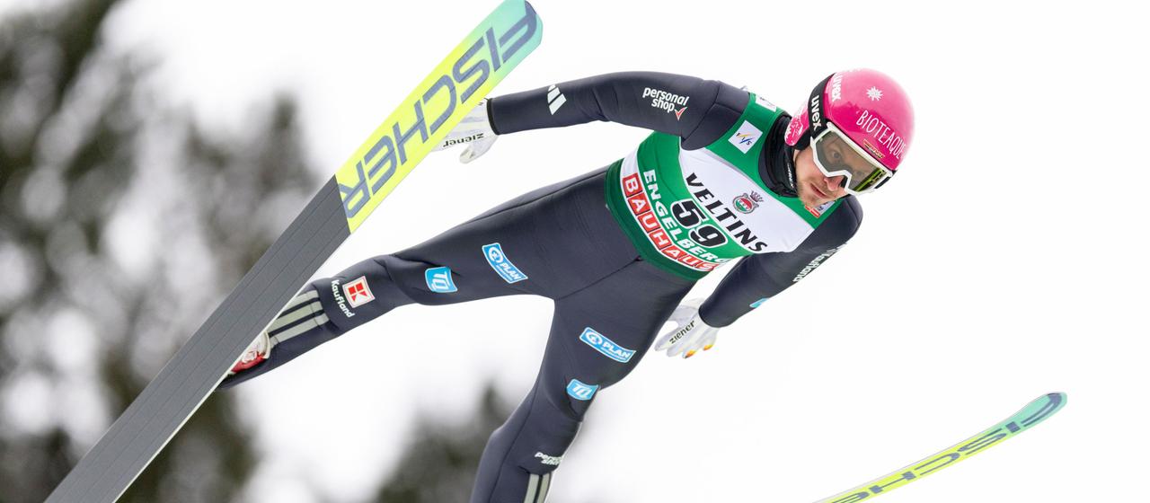 Felix Hoffmann from Germany during a training session at the men's FIS Ski Jumping World Cup on the Gross Titlis ski jump. 