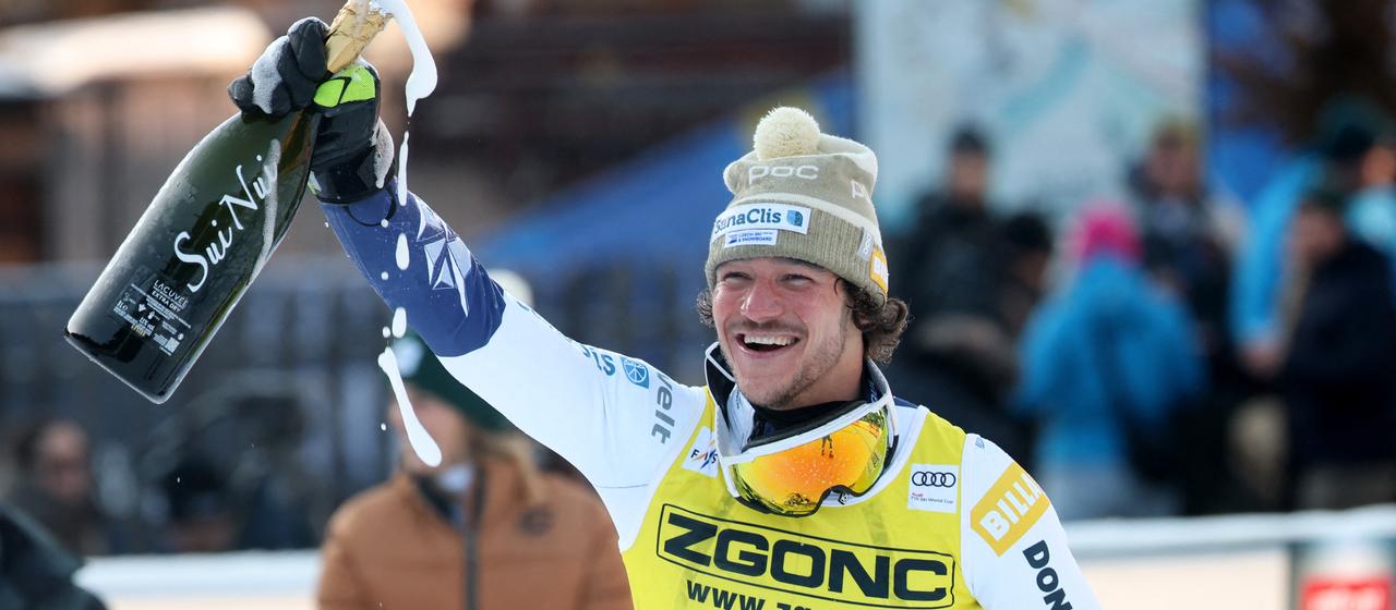 Jan Zabystran celebrates at the Super-G in Val Gardena